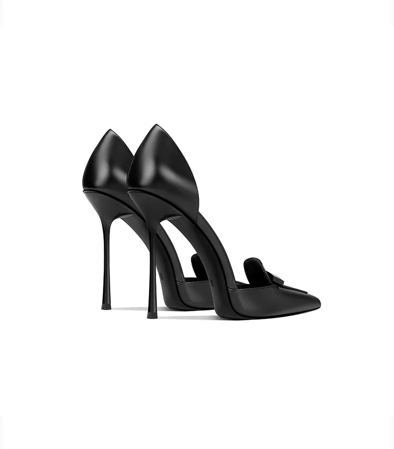 Black high-heeled shoes on a white background