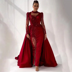 Wine Red Mermaid Lace Beaded Satin Formal Gowns