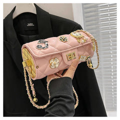 Pink quilted embellished barrel bag