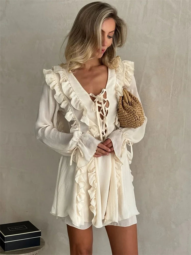 Ruffled lace-up mini dress