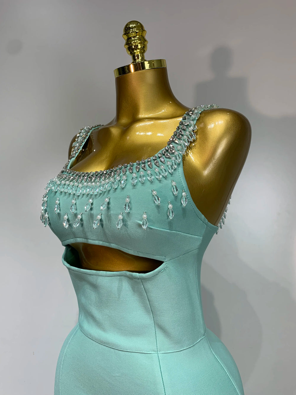 Detail shot of the cutout section on the evening dress
