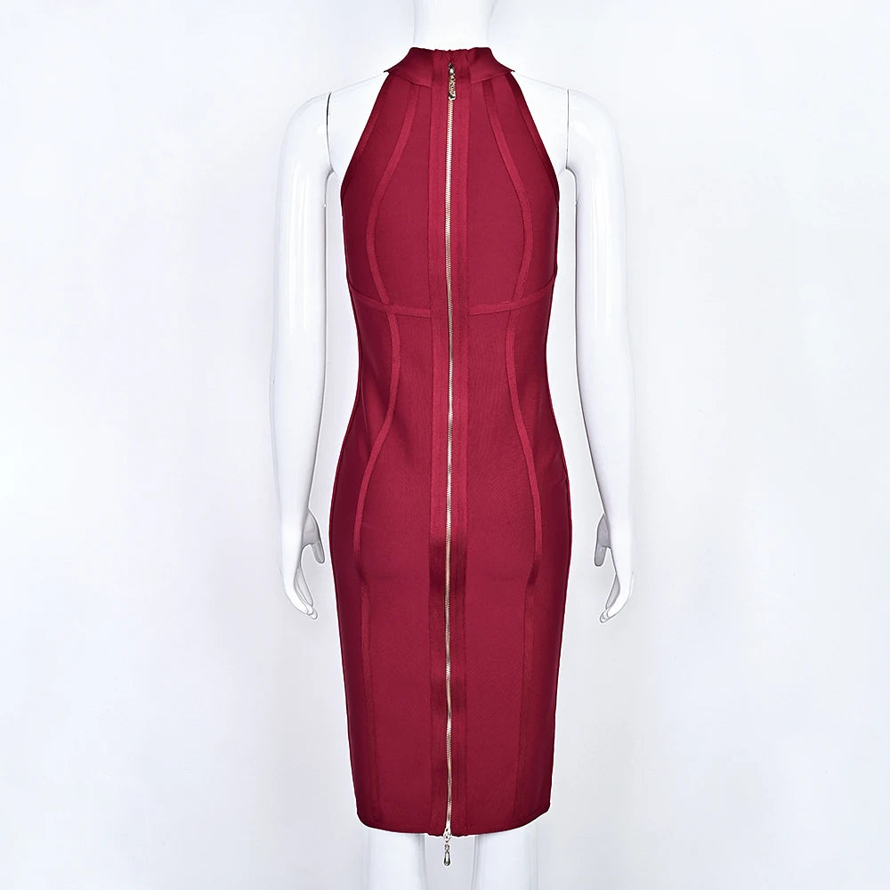 Red dress with a zipper on a white mannequin against a white background