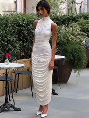Ruched Turtleneck Sleeveless Midi Dress