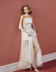 Lace Patchwork Slit Maxi Dress leaning pose