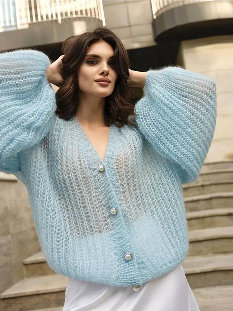 Blue Hollow Out Long Lantern Sleeve Sweater 