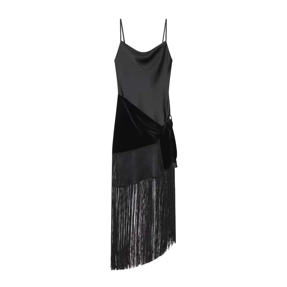 Black fringe dress on a white background