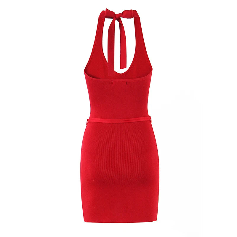 Red dress with halter neck on a white background