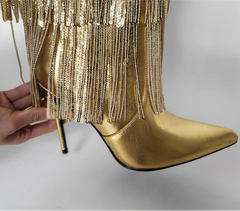 Pointed Toe Metallic Fringe Boots