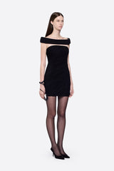 Black ruched off-shoulder cutout mini dress side view with accessory