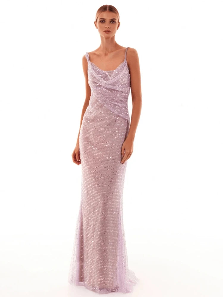 Lavender Chain Spaghetti Straps Sequins Maxi Dress