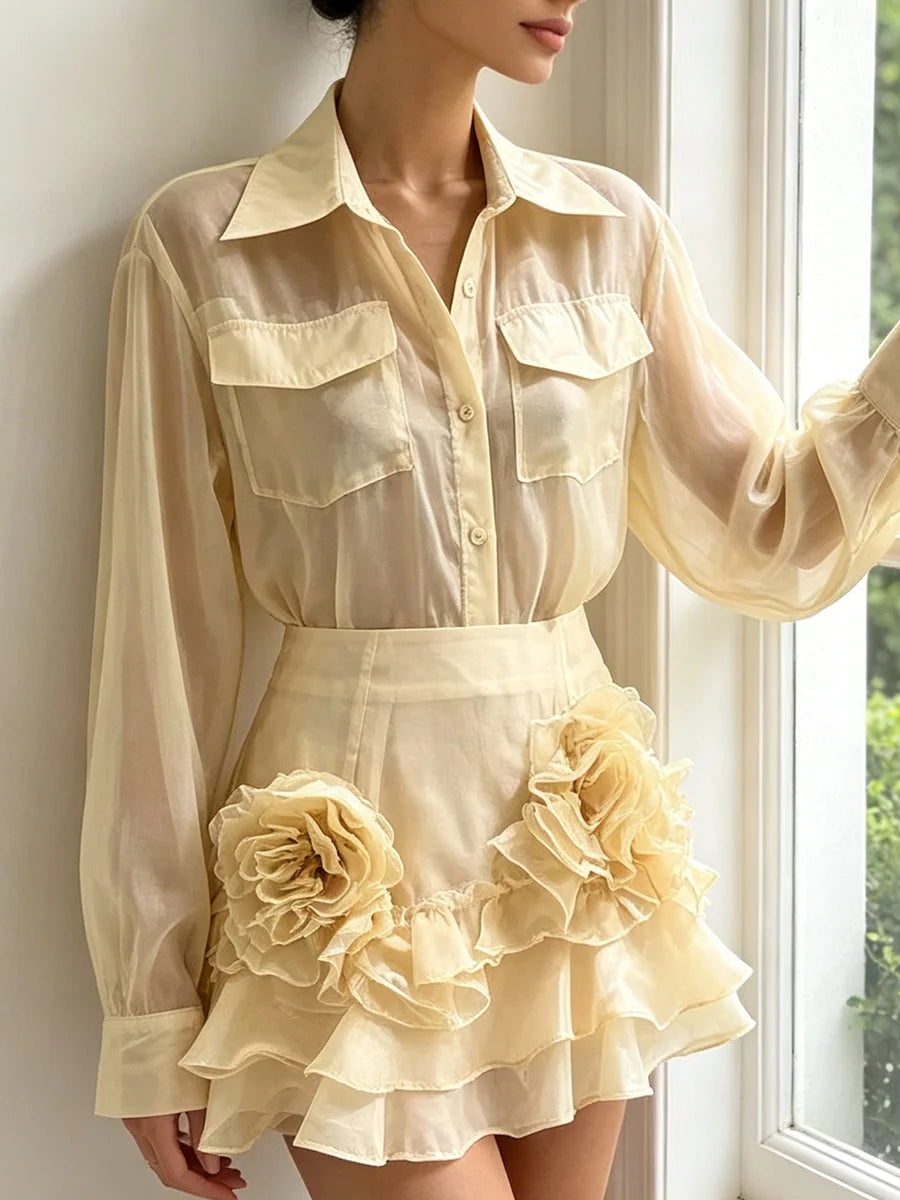 Back view of the sheer organza top and ruffle skirt set
