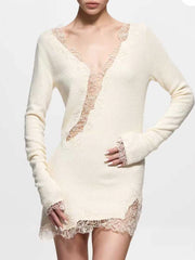 White lace V-neck long sleeve mini dress with sheer bodice detail