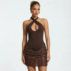 Cross Neck Ruched Sequin Mini Dress