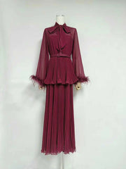 Round Collar Bow Neck Long Sleeve Pleated Maxi Dress