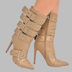 Belt Buckle Thin Heels Side Zipper Ankle Boots