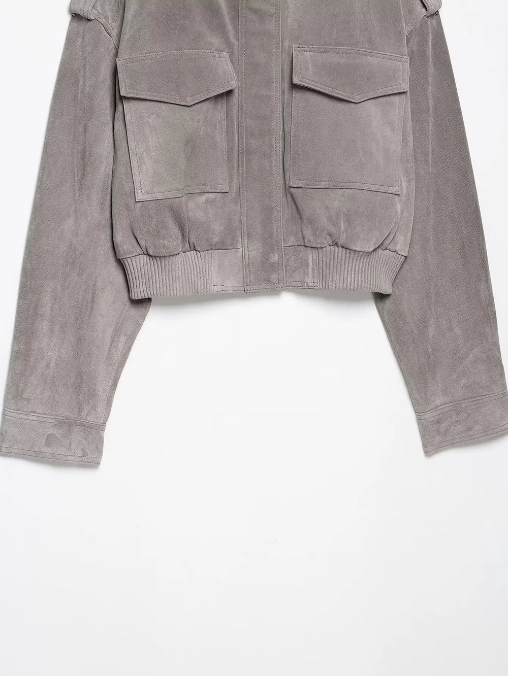 Front view of grey suede cropped jacket