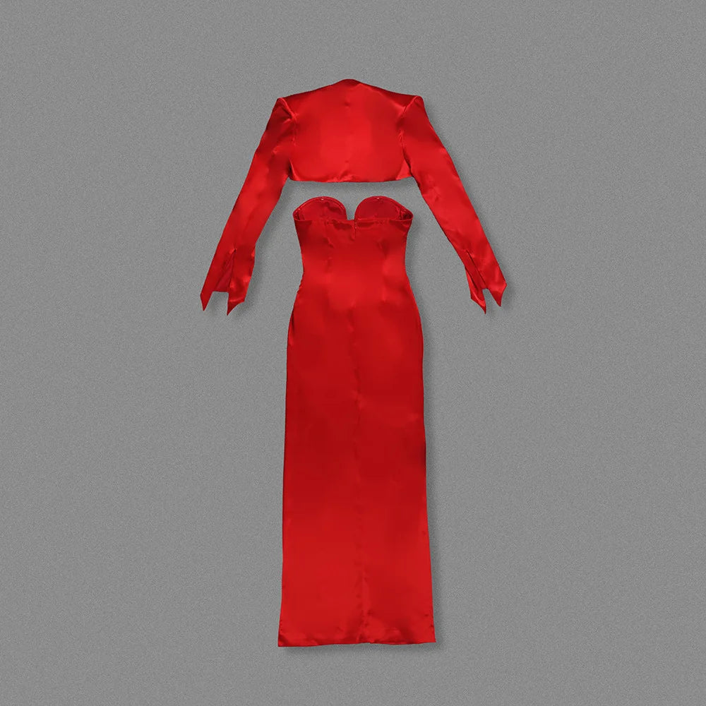 Red dress with long sleeves on a gray background