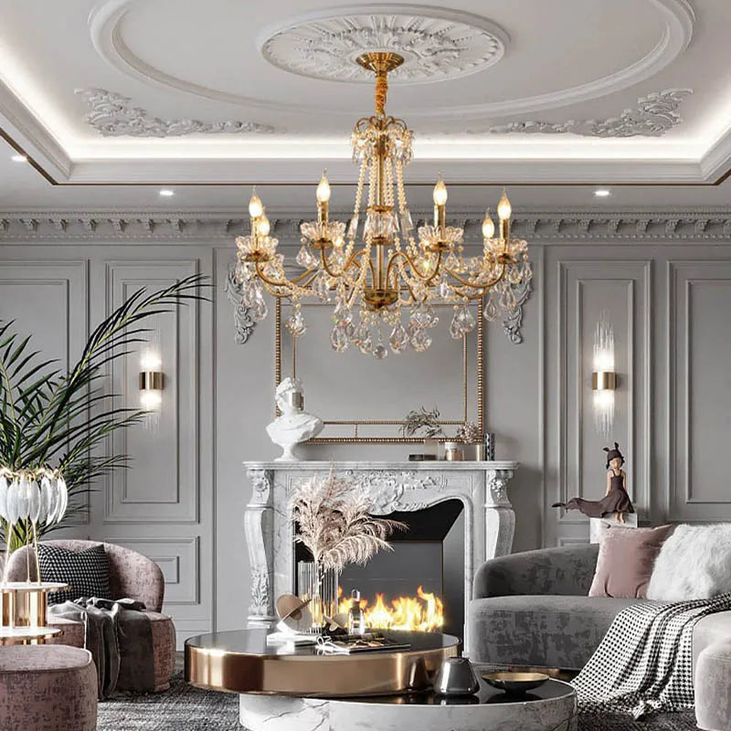 A sparkling crystal chandelier with warm LED lights hanging in a luxurious Living Room. Golden Atelier 4