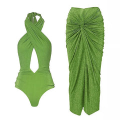 Shimmer halter neck one-piece swim top and skirt