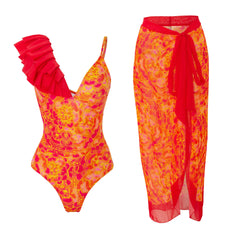 Tie-Strap V-Neck One-Piece Swimsuit with Matching Sarong Set