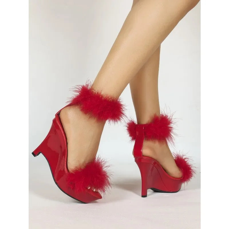 Red feather trim wedge platform sandals