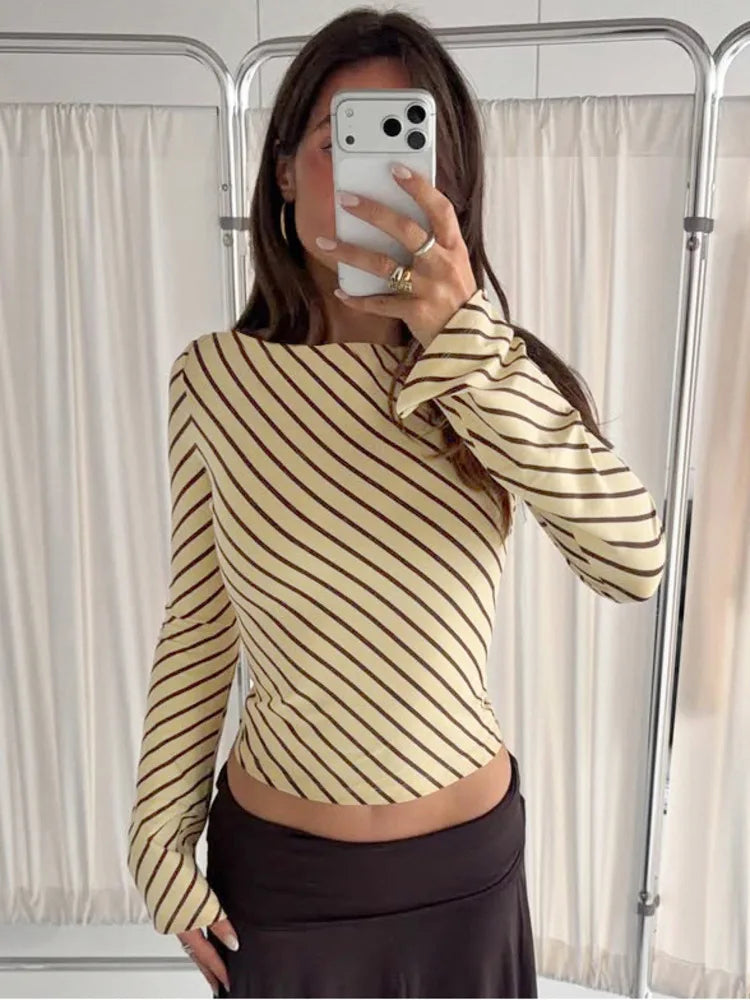 Striped flare sleeve boat neck crop top