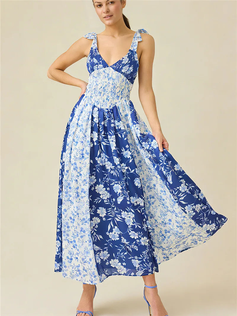 Blue floral print patchwork smocked maxi dress front view
