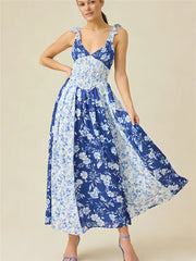 Blue floral print patchwork smocked maxi dress front view