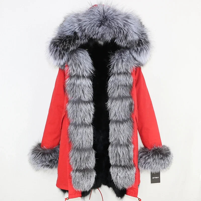 Red coat with gray fur trim on a white background