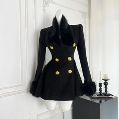 Fur Collar Black Woollen Coat Double Breasted Buckle Dress