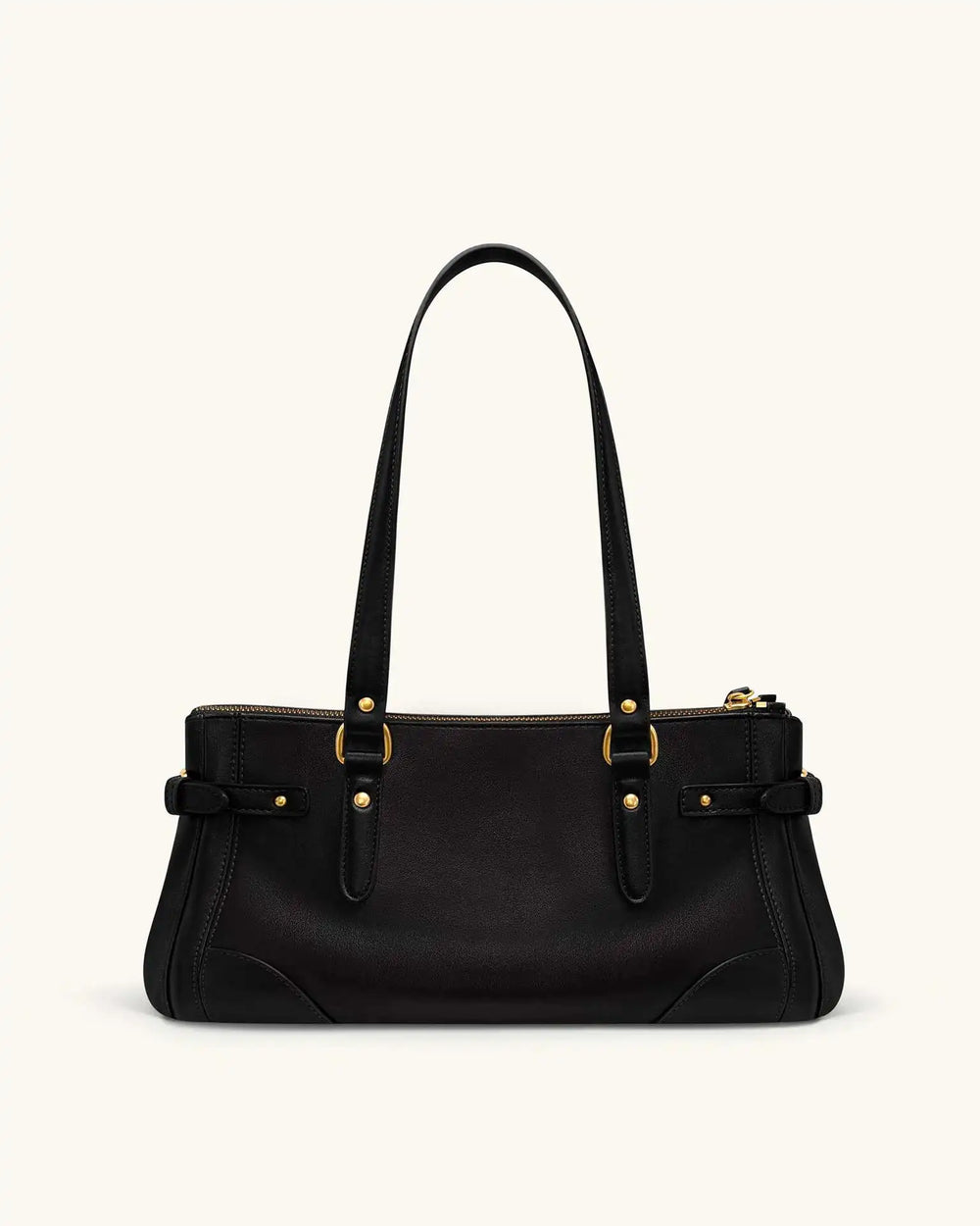 Black leather tote bag with gold lock detail, front view
