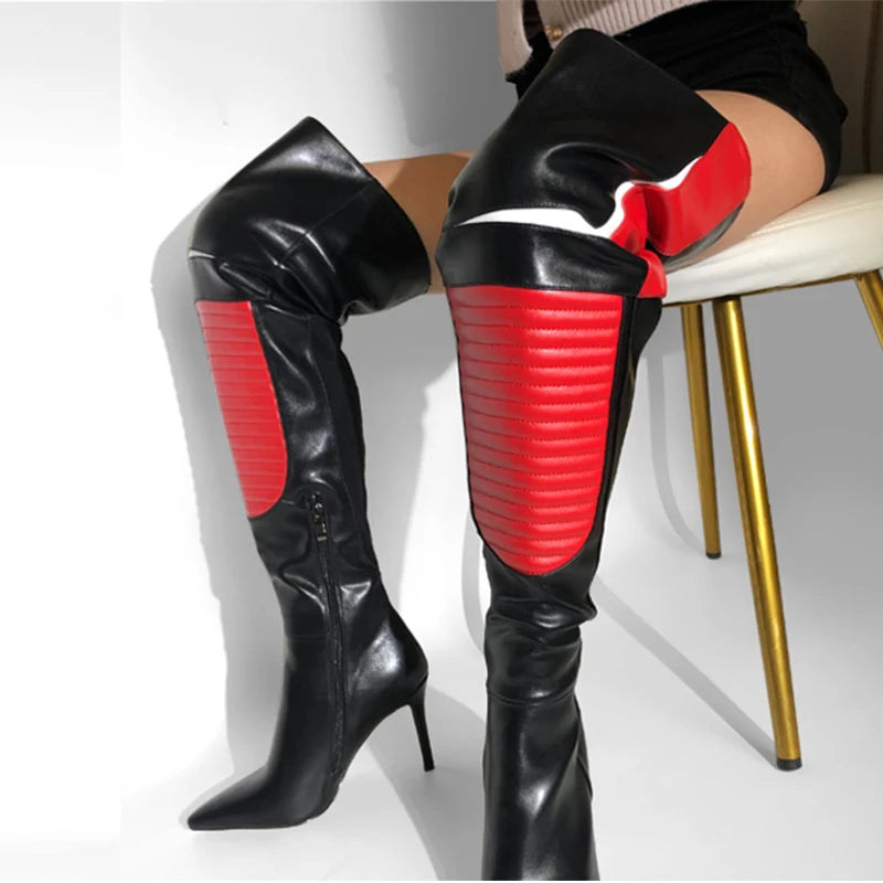 Black and red patchwork pointed toe over the knee boots