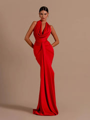 Red Halter Drape Pleated Long Dress