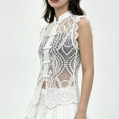 Side view of floral lace sleeveless top with mandarin collar