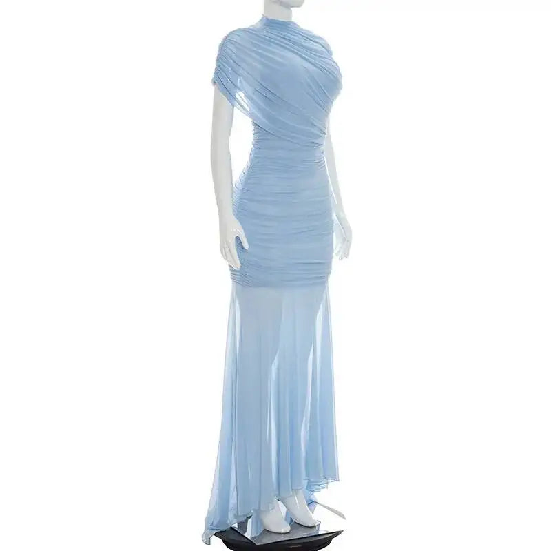 Mannequin wearing a light blue evening gown on a white background