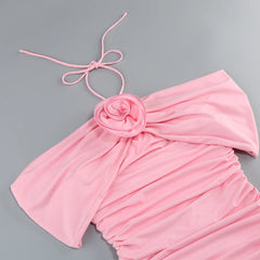 Pink Ruched Flower Accent Mini Dress