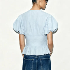 Blue Smocked Waist Puff Sleeve Peplum Top