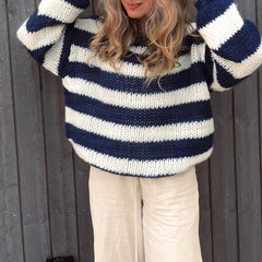 Blue Striped Loose Fit Knitted Long Sleeve Sweater