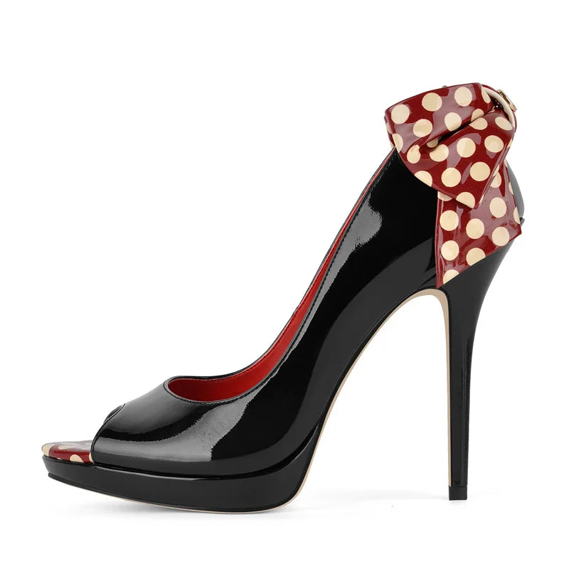 Patent peep toe platform heel with polka dot bow detail