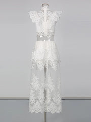 White Sheer Floral Lace High Neck Top and Skirt Set