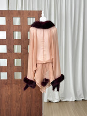Brown Sheer Fur Trim Wrap Mini Dress