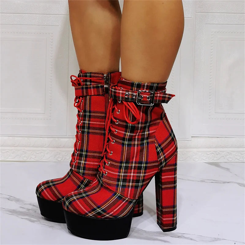 Plaid platform lace-up chunky heel boots