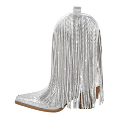 Silver glittery boot with fringes on a white background