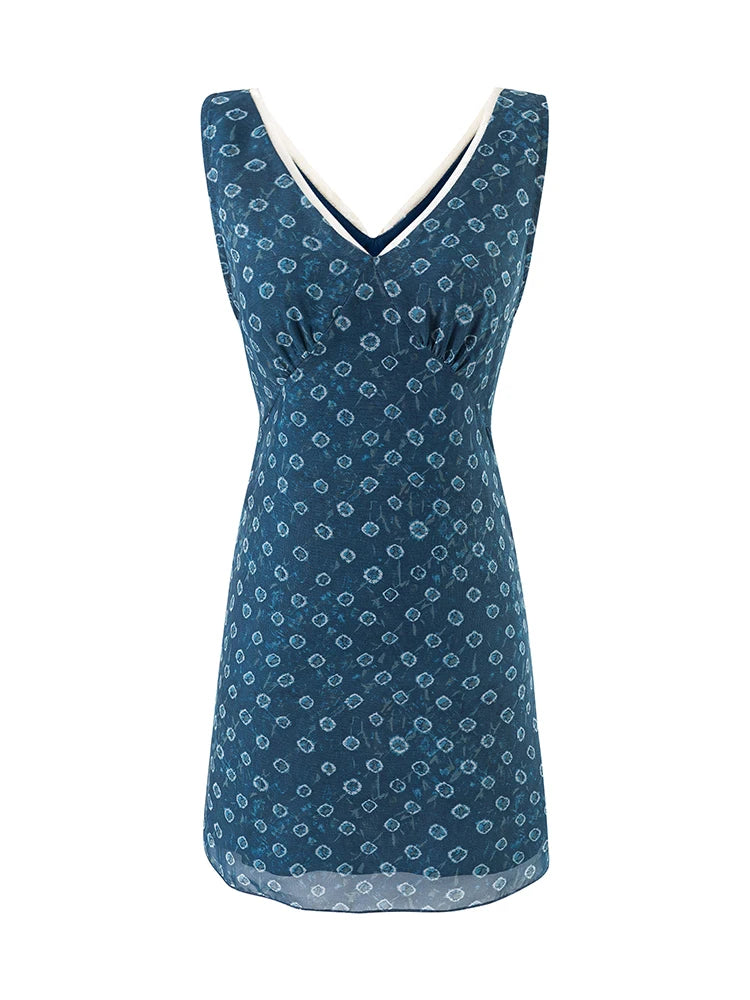 V-neck sleeveless A-line mini dress with geometric print, front view