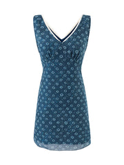 V-neck sleeveless A-line mini dress with geometric print, front view