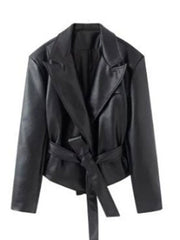 Faux Leather Belted Lapel Jacket