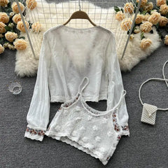 Cotton White Lace Floral Embroidery Long Sleeve Shirt