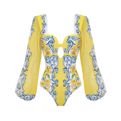 Balloon Sleeve Square Neck Cutout Bodysuit and Print Maxi Skirt Set