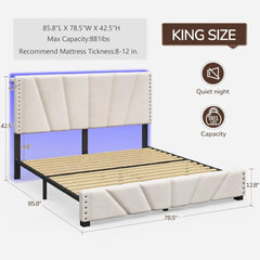 King size bed with dimensions and features on a white background