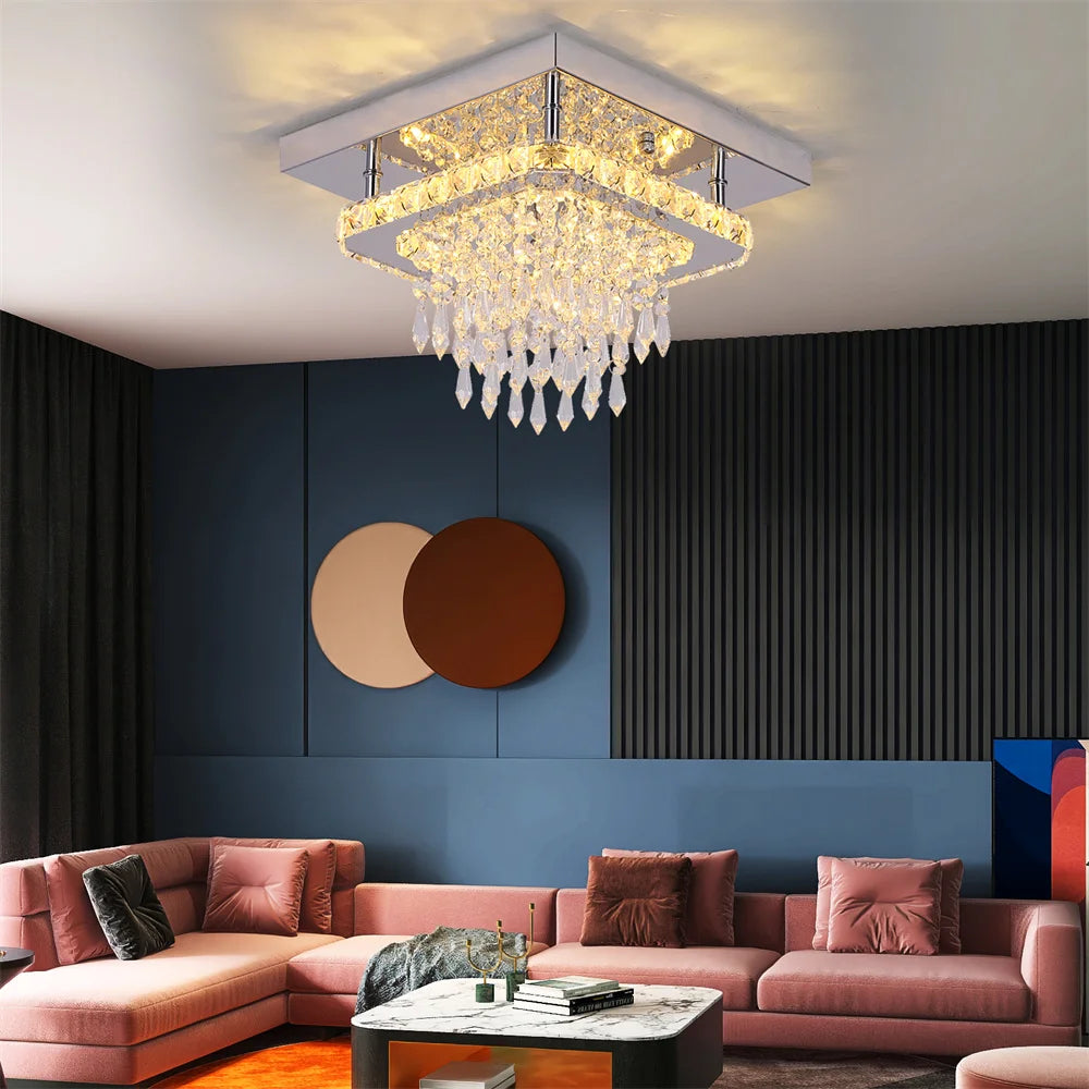 Modern silver square crystal LED flush mount chandelier sparkling over stylish living room